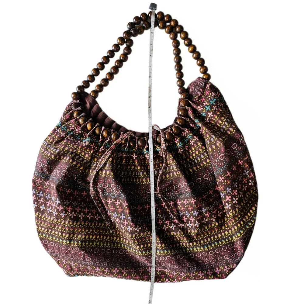 Bohemian Hippie Hobo Beaded Handle Brown Floral Patterned Whimsical Bag